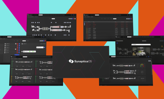 Multiple screens on a colorful background.