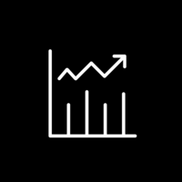 White pictogram of a bar chart with bars of varying height and a jagged arrow pointing from left to upper right, on black background.