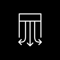 White pictogram of an open gate with three downward-pointing arrows on black background.