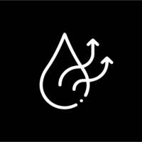 White pictogram of a droplet with two curved arrows rising upward from it on a black background.