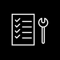 White pictogram of a checklist with multiple checkmarks and a wrench next to it on black background.