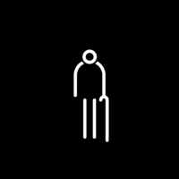 White pictogram of a person with a walking stick on black background.