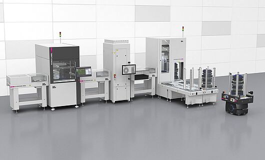 Machines for incoming materials with a Scan&Label, Component Counter, Loading Station and AMR.