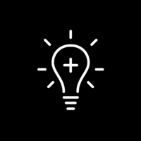 White pictogram of a light bulb with a plus sign in the center and rays around it on black background.