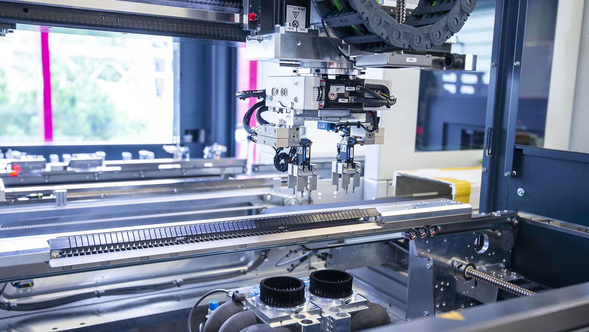 Interior of an Depaneling machine with dual spindle