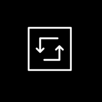 White pictogram of a square with two curved arrows inside pointing in opposite directions on black background.