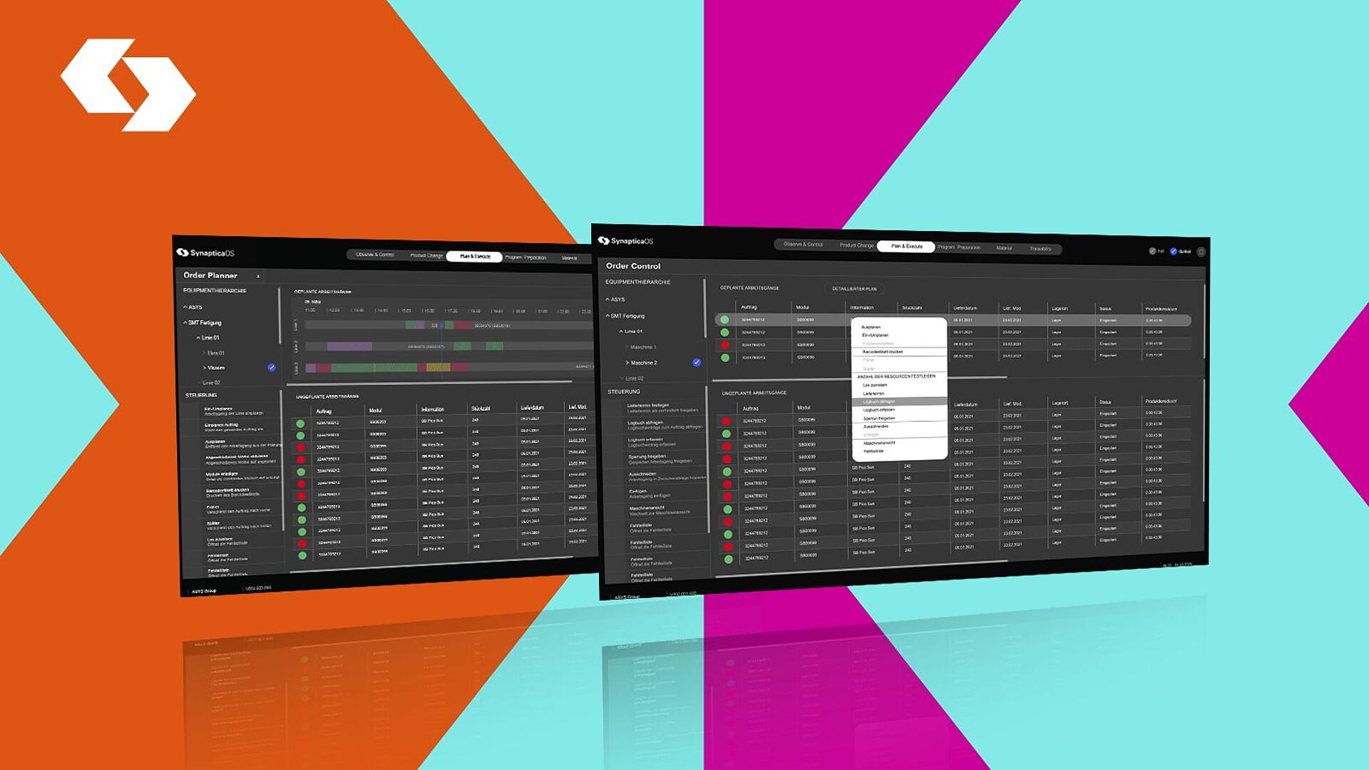 Zwei Screens von der SynapticaOS Software auf magenta/orange/türkisen Hintergrund. Weißes SynapticaOS Logo in der linken oberen Ecke