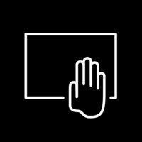 White pictogram of a rectangle with a stylized hand in front on black background.