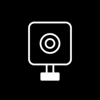 White pictogram of a webcam on black background.