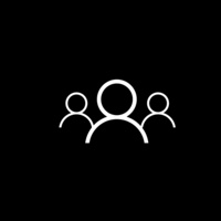 White pictogram of three people standing side by side, with the middle one being the largest and positioned in the foreground on a black background.