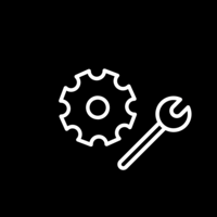White pictogram of a gear with a wrench next to it on black background.