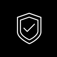 White pictogram of a shield with a check mark in the center on black background.