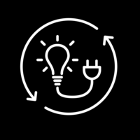 White pictogram of a light bulb with a power cable at the bottom end, surrounded by two arrows rotating in a circle on a black background.