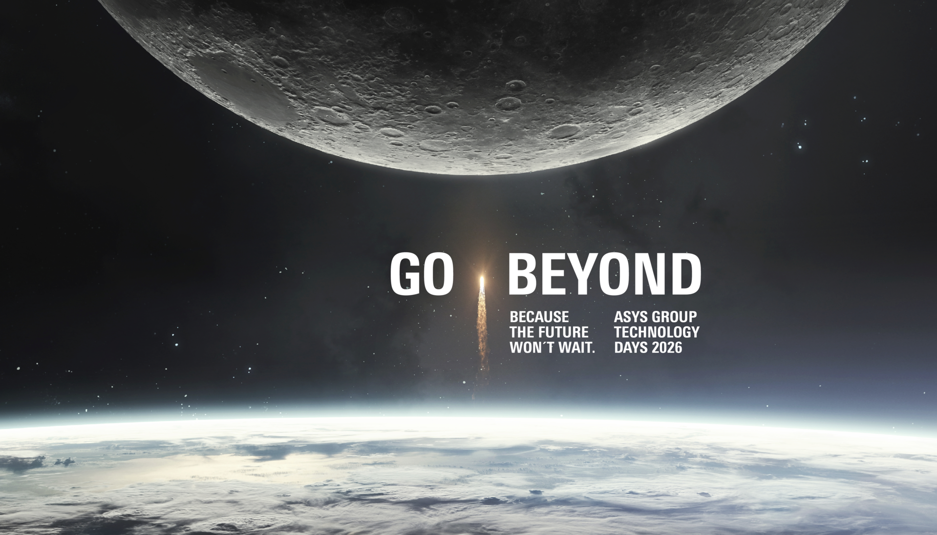 Bild des Weltraums, oben ein Teil des Mondes und unten die Erdoberfläche. In der Mitte ist eine Rakete mit der Aufschrift „Go Beyond“ zu sehen.