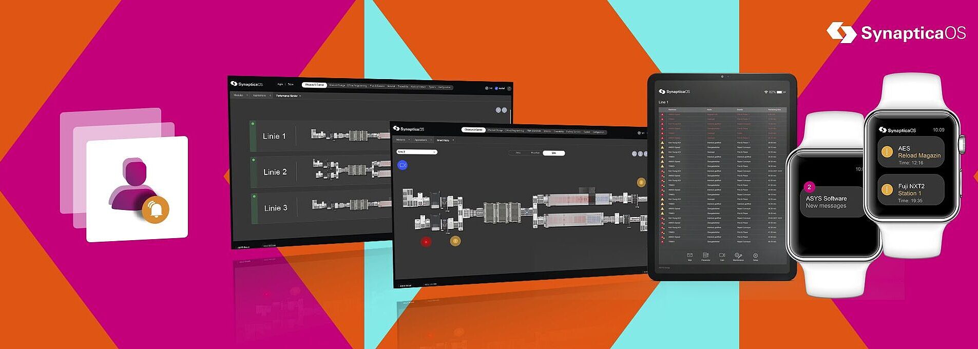 Two screens next to a tablet and two smartwatches.