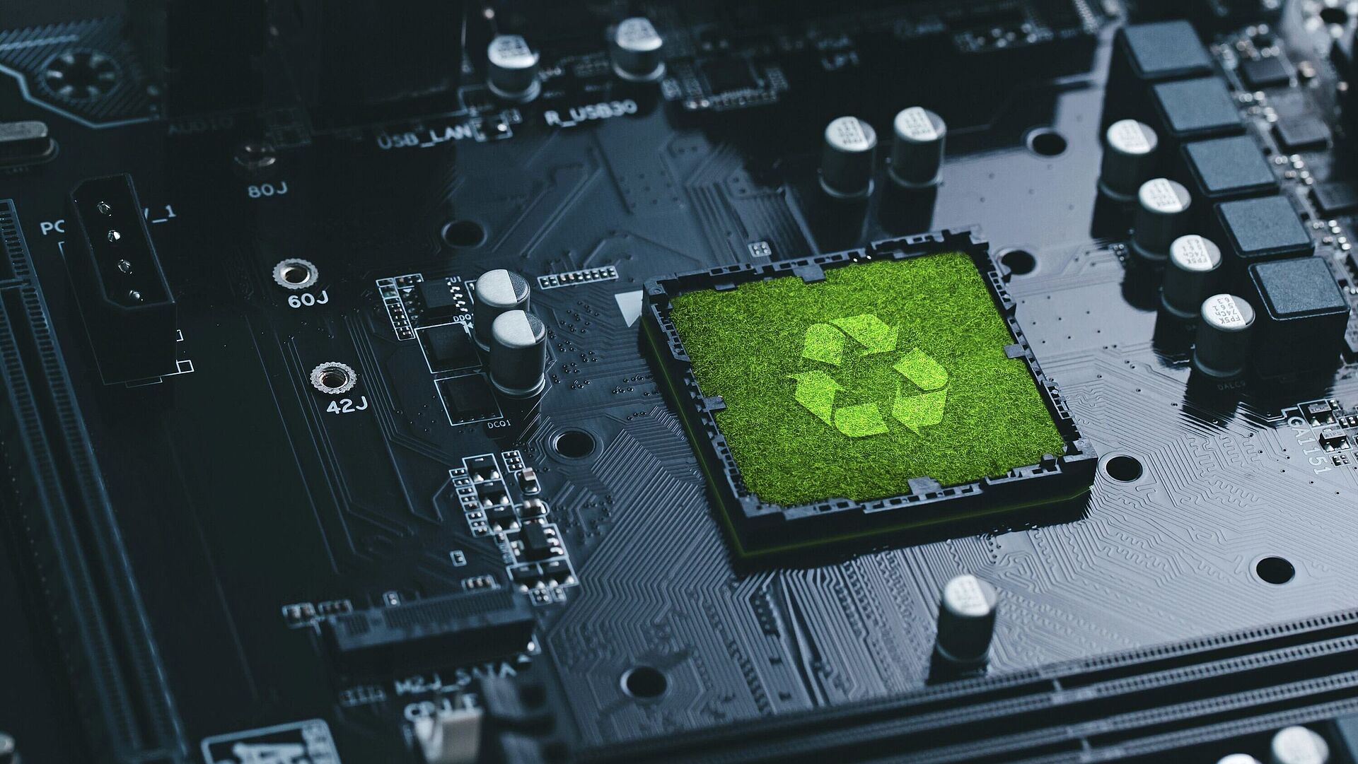 Populated circuit board with a recycling symbol on a grass field in the center.