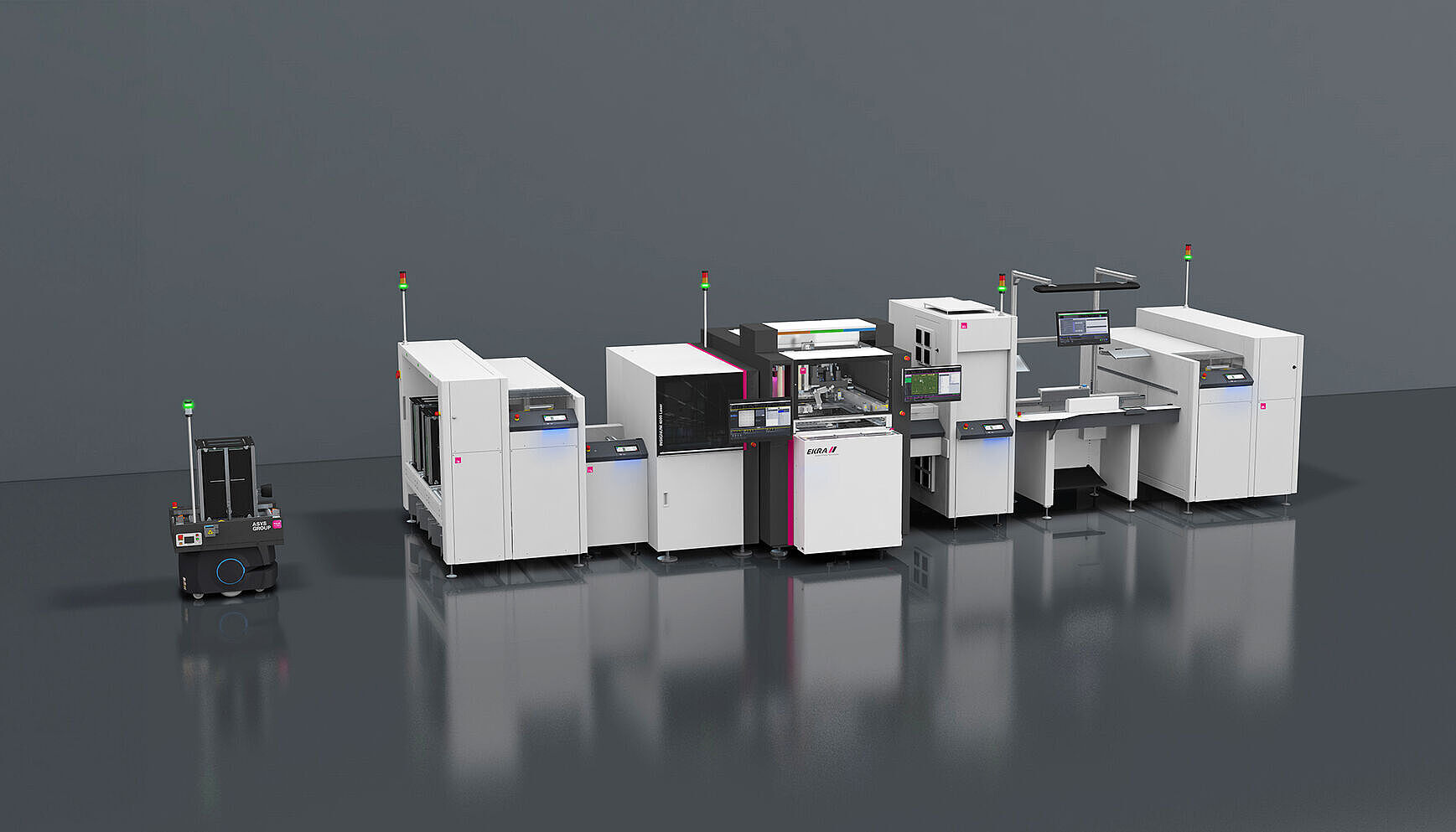 Machine line with an AMR to the left, on a gray background.
