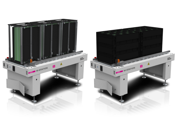 An M-Station with PCB magazines and an M-Station with KLT boxes.
