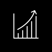 White pictogram of a bar chart with increasing bar heights and an arrow swinging from lower left to upper right, on black background.