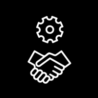White pictogram of a handshake with a gear above it on black background.