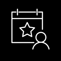 White pictogram of a calendar with a star in the center and a stylized person in front on black background.