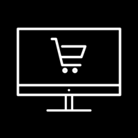 White pictogram of a monitor with a shopping cart in the center on black background.