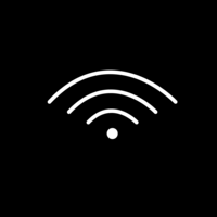 White pictogram of a Wi-Fi signal on a black background.