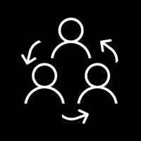 White pictogram of three people arranged in a circle with three circular rotating arrows between them on black background.