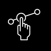 White pictogram of a hand tapping on a circle with two connected dots on black background.