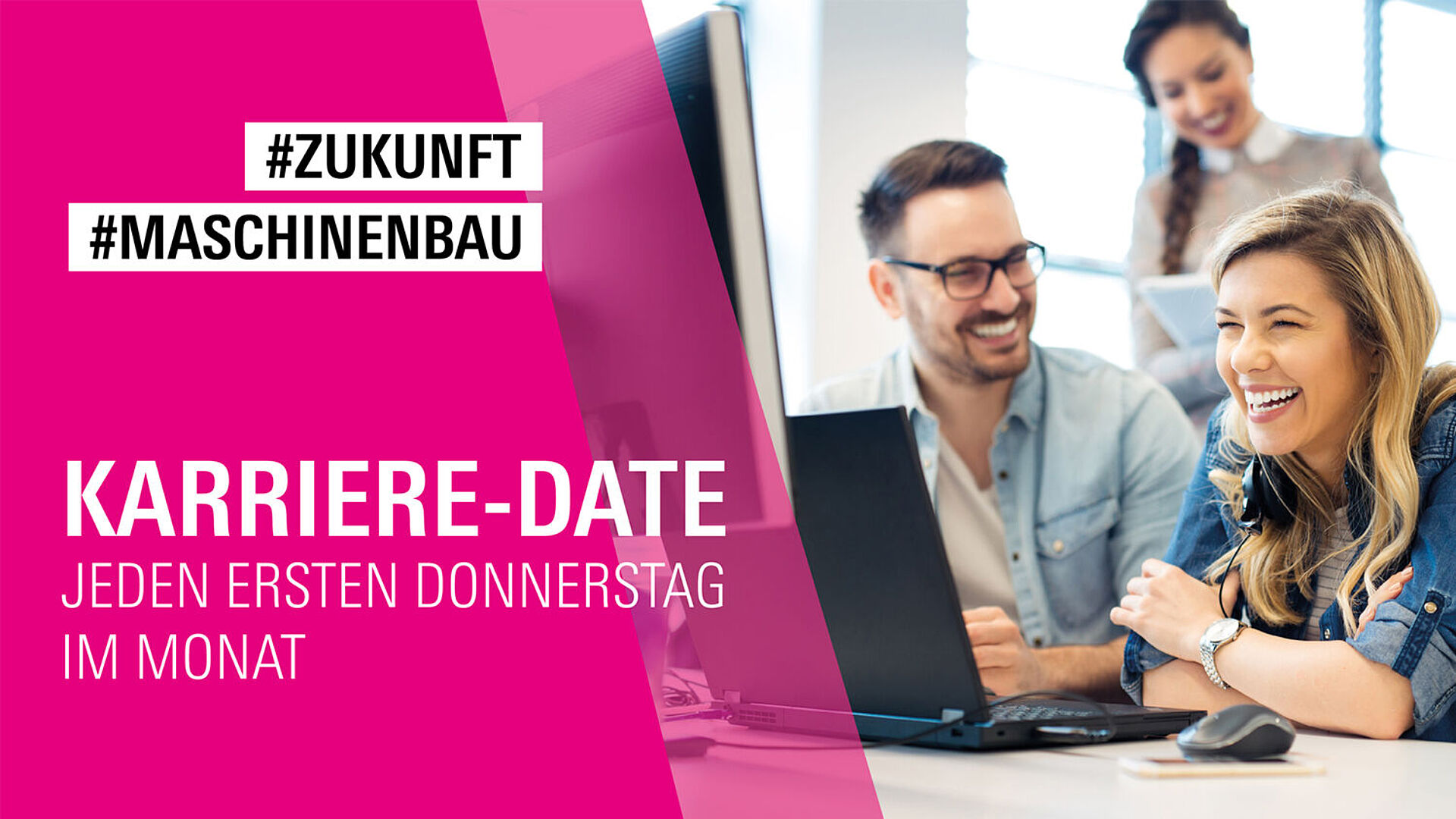 Zwei geteilt: Linker Teil ist magenta und mit der Aufschrift "Karriere Date", Rechter Teil: Mehrere lächelnde Personen an einem Laptop.