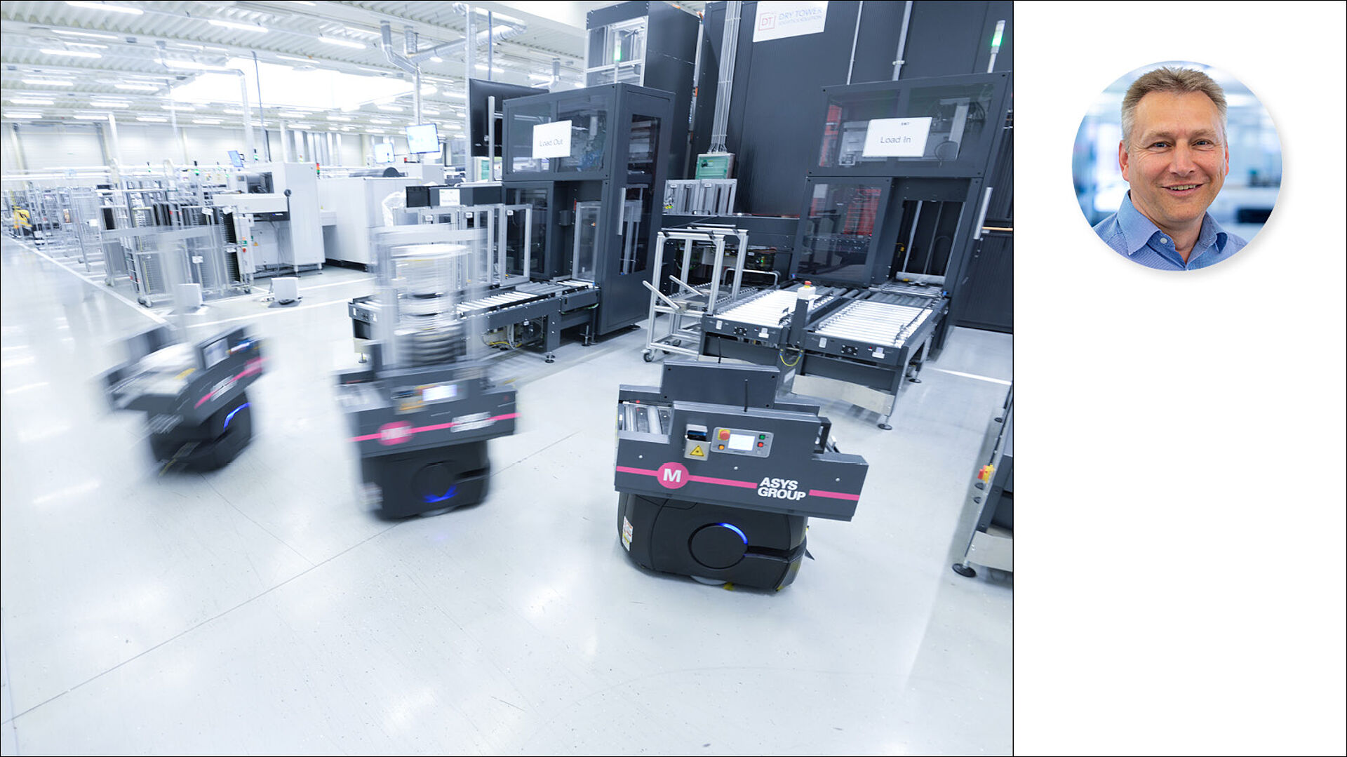 View of 3 AMRs. A production hall in the background.