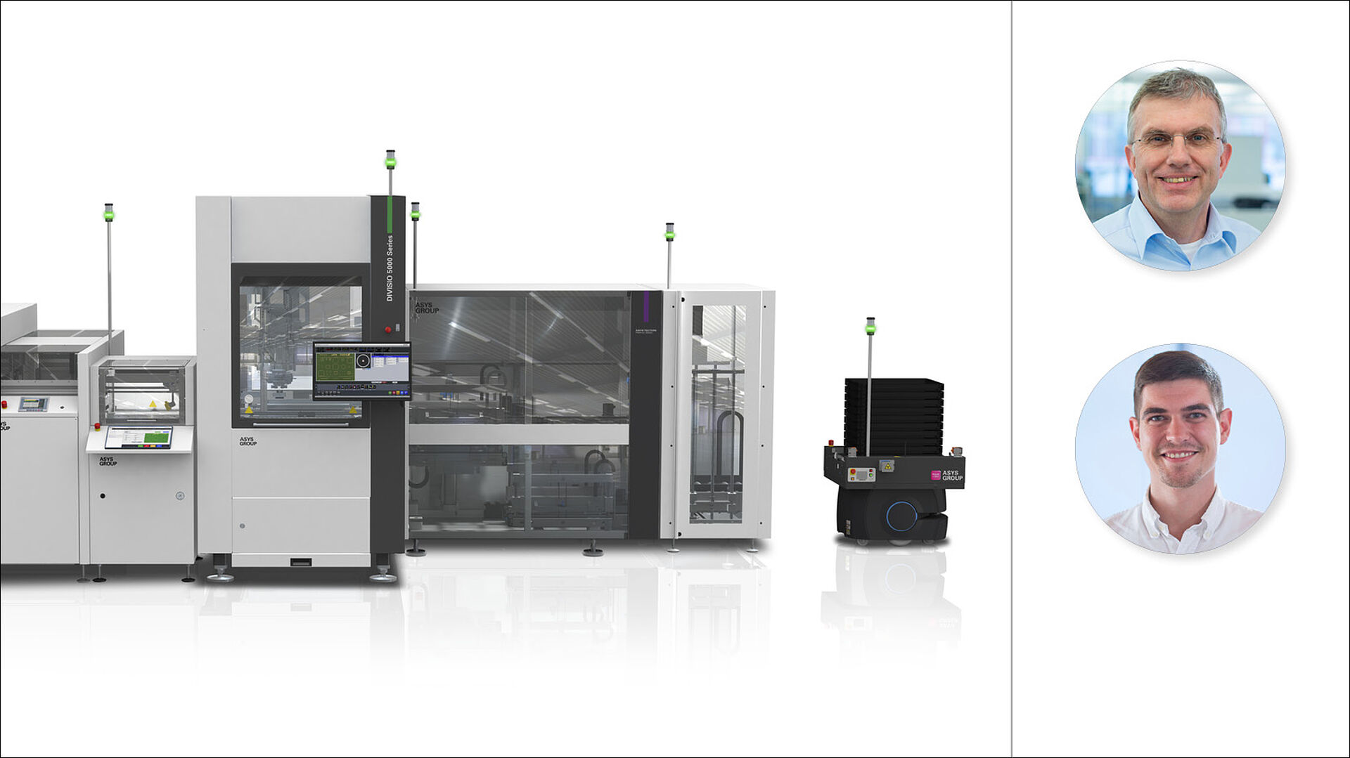 Machine line with an AMR positioned to the right. Two person portraits displayed next to it.