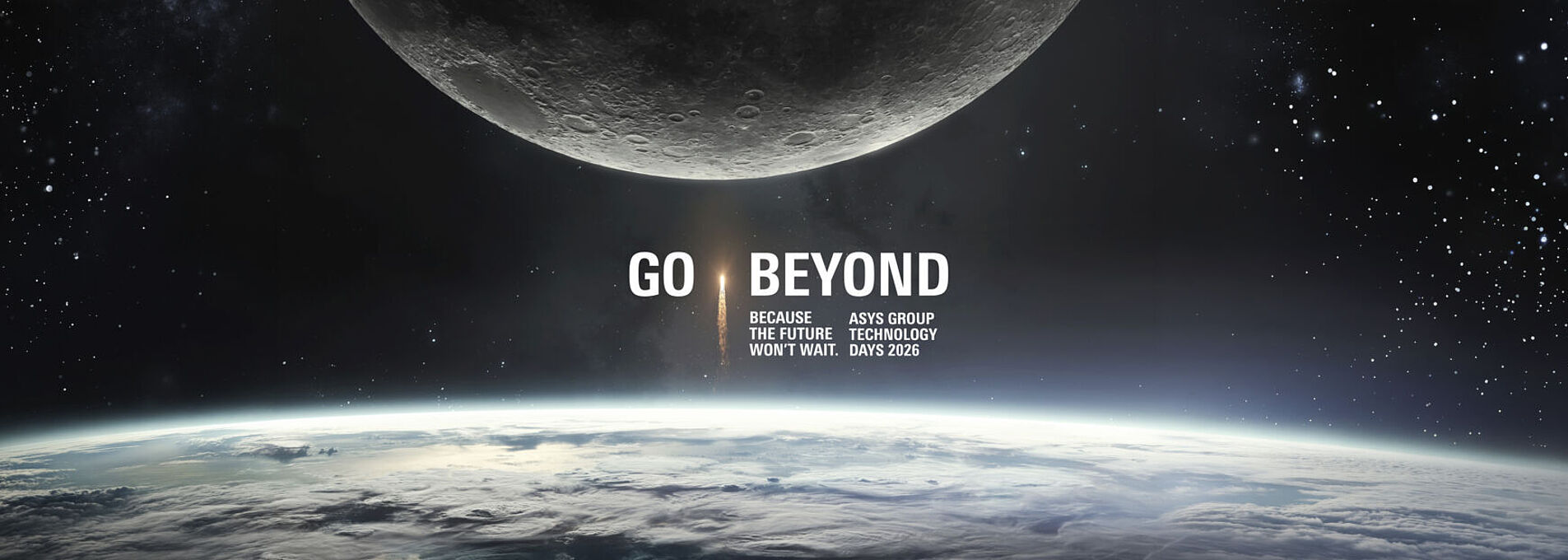 Bild vom Weltall, oben ein Teil vom Mond, unten die Oberfläche der Erde. In der Mitte ein Rakete mit "Go Beyond" Schriftzug.