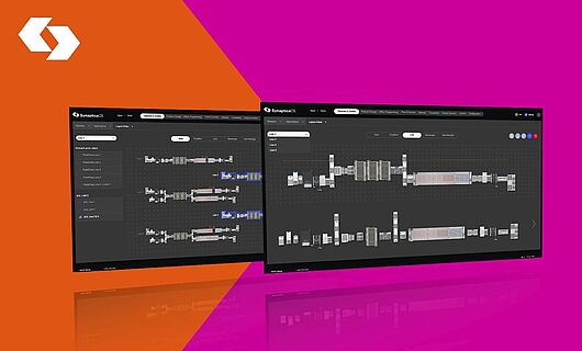 Two screens on orange and magenta backgrounds.