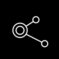 White pictogram of a double circle with two individual circles connected by two lines on a black background.