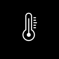 White pictogram of a thermometer on black background.