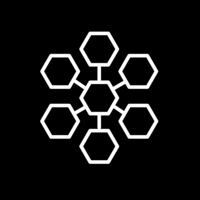 White pictogram of a central hexagon connected by lines to six surrounding hexagons on black background.