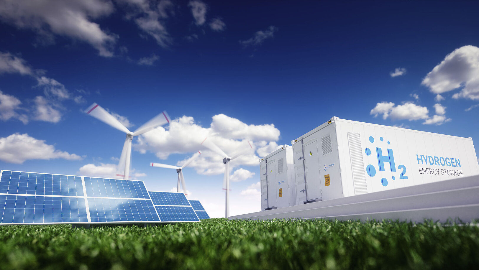 Solar panels, wind turbines, and hydrogen energy storage under blue skies