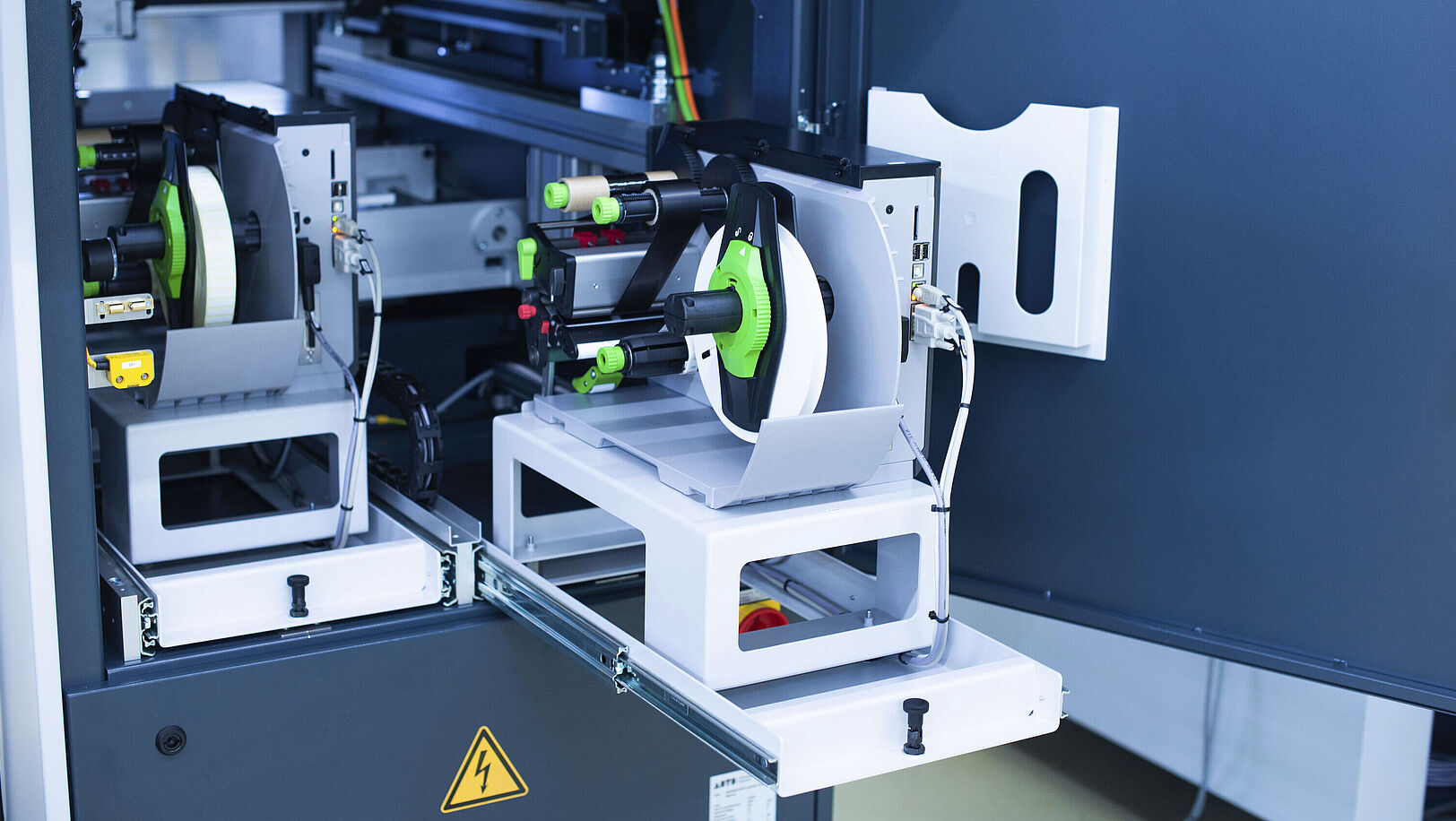 Interior view of a laser label machine.