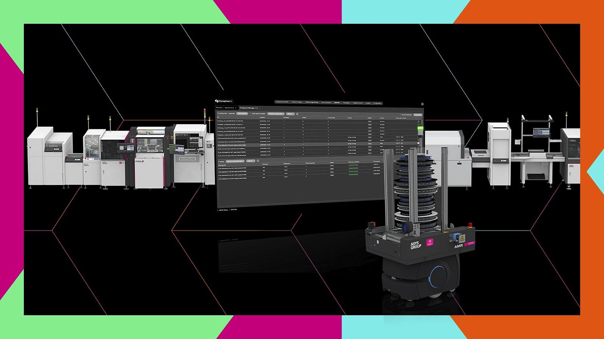 Screen with AMR in front of a production line.