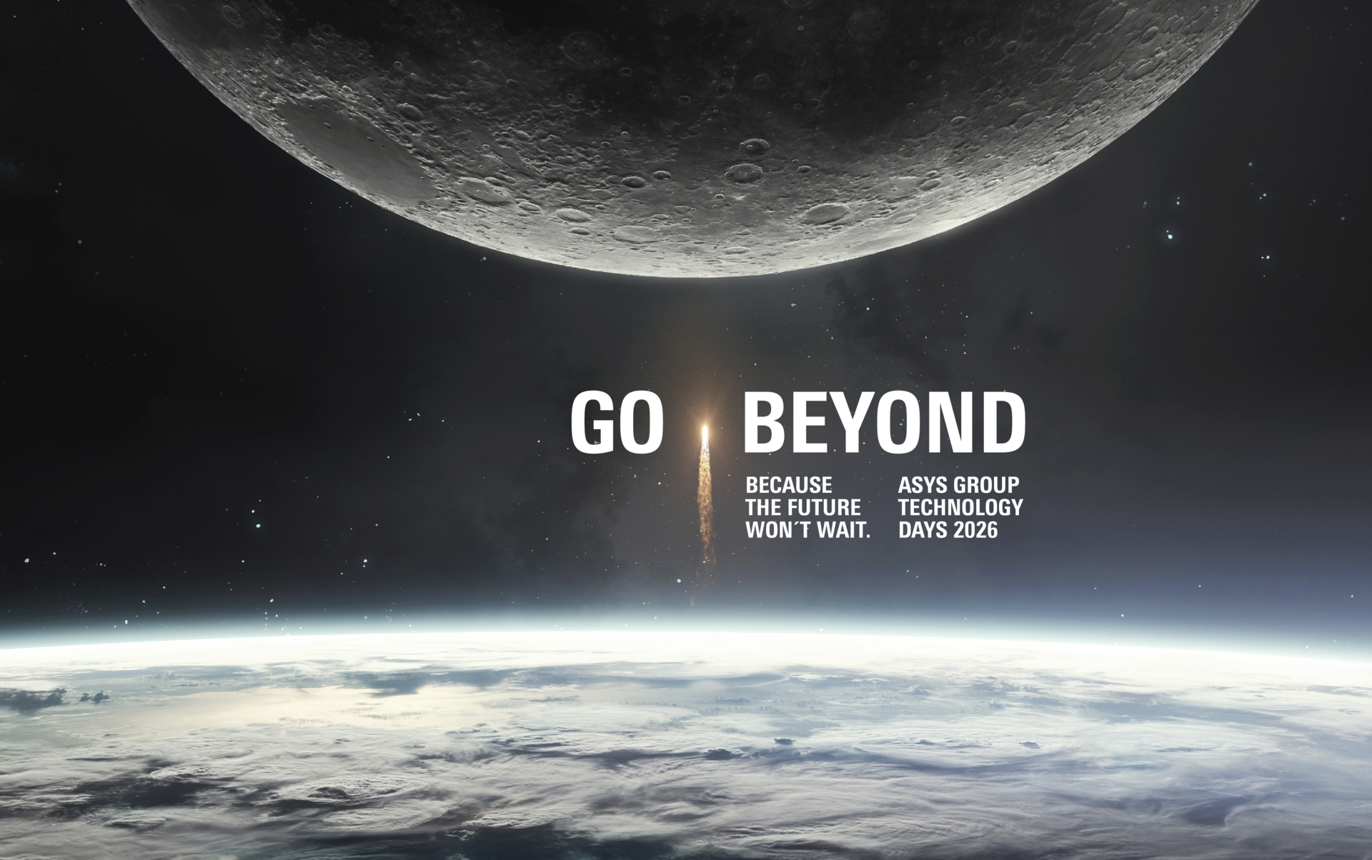 Bild des Weltraums, oben ein Teil des Mondes und unten die Erdoberfläche. In der Mitte ist eine Rakete mit der Aufschrift „Go Beyond“ zu sehen.